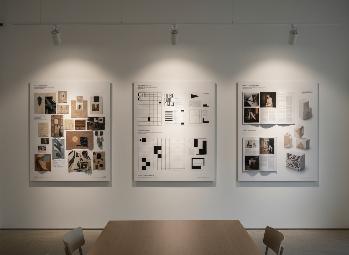 A refined presentation wall in a studio, featuring three large mounted boards displaying different stages of a visual identity project: on the left, exploratory mood and color directions, in the center, polished logo-free layouts and grid systems, and on the right, applications on editorial spreads and abstract packaging forms. The boards are arranged with generous negative space on a pale, matte wall. Overhead track lighting casts focused, soft beams on each board, creating subtle vignettes and shadow lines between them. Photographic realism, captured straight-on at eye level with sharp focus throughout, evoking a gallery-style review session. The mood is analytical yet elegant, emphasizing process, structure, and the strategic thinking behind art direction and graphic design.