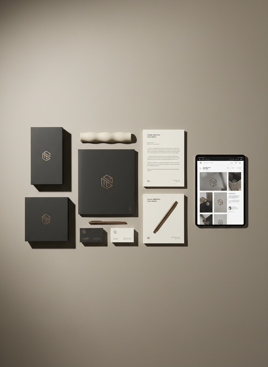 An elegant flat lay of a complete brand identity concept arranged on a smooth, warm-grey surface: refined stationery, a debossed folder, minimalist packaging boxes, and a tablet displaying a grid-based layout for a visual identity case study. The printed pieces feature balanced typography, geometric layouts, and a restrained color palette of deep charcoal, ivory, and muted bronze accents. A single ceramic object and a thin metal pen add subtle sculptural interest. Overhead, soft studio lighting creates even illumination with gentle, elongated shadows, emphasizing material textures like uncoated paper and matte finishes. Photographic realism, top-down composition with precise alignment, evoking a sense of clarity, rigor, and sophisticated art direction suitable for a high-end portfolio homepage.