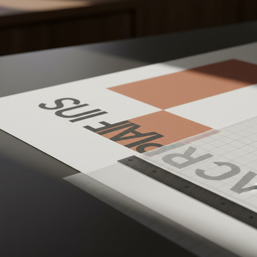 An abstract, cinematic close-up of a graphic design project in progress: the corner of a large-format poster with a bold yet refined layout, overlapping tracing paper with faint pencil grid lines, and a slim metal ruler aligned with the composition. The poster features clean typography, generous white space, and a sophisticated color accent such as muted terracotta. The surface beneath is a smooth, dark desk that reflects a faint sheen. Focused, directional studio lighting from the upper left creates strong but elegant contrast, highlighting paper fibers and the crispness of printed ink while fading the background into soft blur. Photographic realism, macro perspective with very shallow depth of field, evoking concentration, precision, and the intimate craft of high-end art direction work.