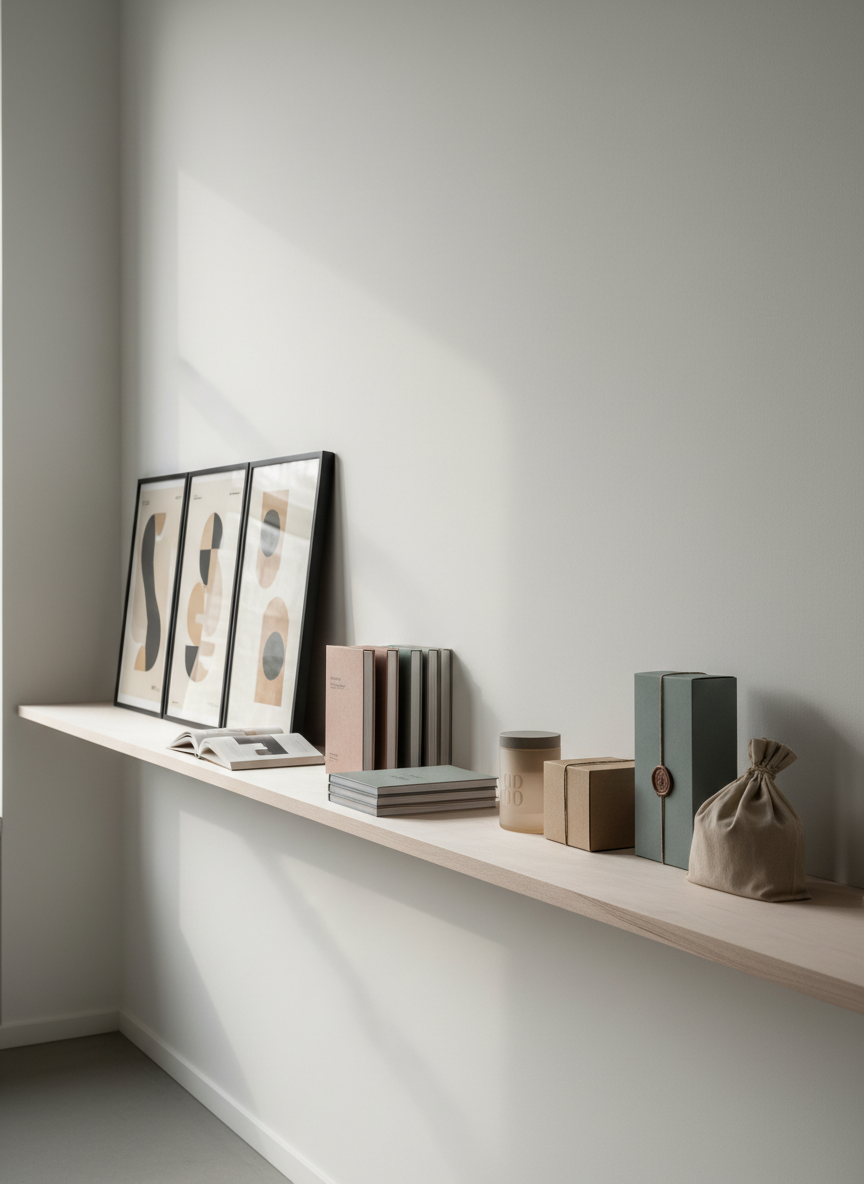 A long, narrow display shelf in a minimalist studio interior presenting a curated sequence of design projects: carefully spaced posters in sleek frames, small stacked booklets, and a few conceptual packaging mockups in muted tones. The wall behind is a smooth, off-white surface, creating a gallery-like atmosphere. Indirect afternoon light enters from the left, producing delicate gradients on the wall and subtle highlights along frame edges, while the rest of the space falls into a soft, elegant shadow. Photographic realism from a slightly low, side-on angle, using the rule of thirds to lead the eye along the line of projects. The mood is contemplative and refined, emphasizing curation, hierarchy, and the sophisticated narrative of an art director’s portfolio.