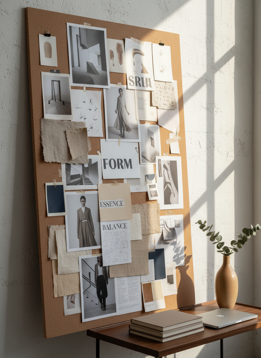 A large, vertical moodboard panel leaning against a pale stucco wall, covered with a precisely composed collage of printed imagery, color samples, typographic explorations, and material snippets like fabric and textured paper. The palette centers on muted neutrals, deep ink blue, and warm beige, reflecting a sophisticated creative direction. At the base, a slim side table holds stacked sketchbooks, a closed laptop, and a single minimalist ceramic vessel. Late-morning natural light enters from the right, casting soft, diagonal shadows that give depth to pinned layers and curled paper edges. Shot in photographic realism at a slightly elevated, three-quarter angle, with moderate depth of field that keeps the entire moodboard legible. The atmosphere feels exploratory yet controlled, embodying the conceptual phase of professional art direction.