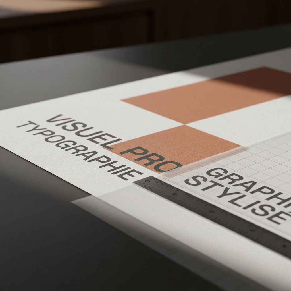 An abstract, cinematic close-up of a graphic design project in progress: the corner of a large-format poster with a bold yet refined layout, overlapping tracing paper with faint pencil grid lines, and a slim metal ruler aligned with the composition. The poster features clean typography, generous white space, and a sophisticated color accent such as muted terracotta. The surface beneath is a smooth, dark desk that reflects a faint sheen. Focused, directional studio lighting from the upper left creates strong but elegant contrast, highlighting paper fibers and the crispness of printed ink while fading the background into soft blur. Photographic realism, macro perspective with very shallow depth of field, evoking concentration, precision, and the intimate craft of high-end art direction work.