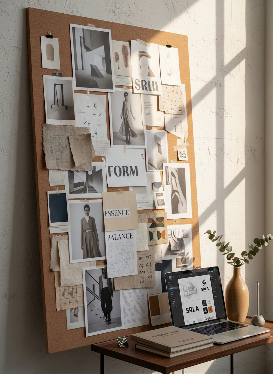 A large, vertical moodboard panel leaning against a pale stucco wall, covered with a precisely composed collage of printed imagery, color samples, typographic explorations, and material snippets like fabric and textured paper. The palette centers on muted neutrals, deep ink blue, and warm beige, reflecting a sophisticated creative direction. At the base, a slim side table holds stacked sketchbooks, a closed laptop, and a single minimalist ceramic vessel. Late-morning natural light enters from the right, casting soft, diagonal shadows that give depth to pinned layers and curled paper edges. Shot in photographic realism at a slightly elevated, three-quarter angle, with moderate depth of field that keeps the entire moodboard legible. The atmosphere feels exploratory yet controlled, embodying the conceptual phase of professional art direction.